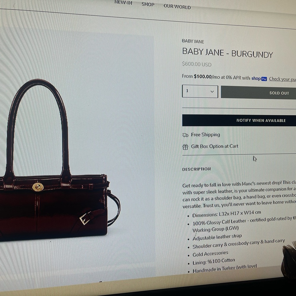 AUTHENTIC ONCE-USED MANC BABY JANE BURGUNDY HANDBAG- sold out online! - Picture 7 of 11